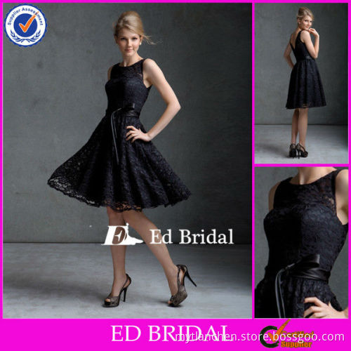 CB26 Modest Jewel Neck Black Lace Patterns For Bridesmaid Dresses